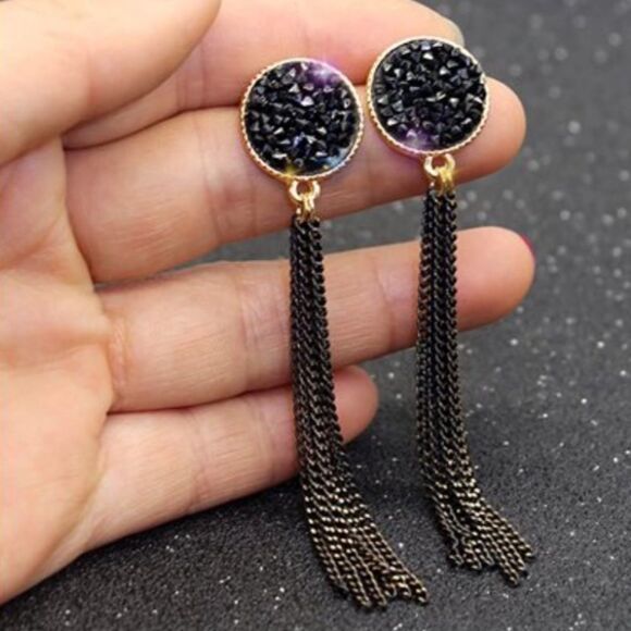 💎63💎 Modern Black Druzy with Long Black Chain Tassel Stud Earrings … - Picture 9 of 16